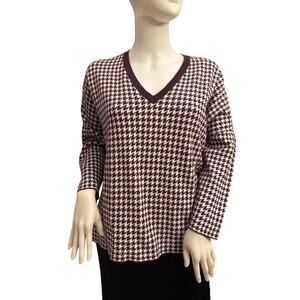 Ann Taylor Burgundy and White Houndstooth Long Sleeve Sweater Large Petite